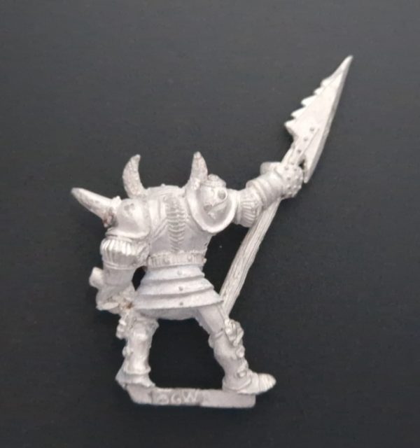 A photo of a 3rd edtion Chaos Warriors Champion of Tzeentch Warhammer miniature