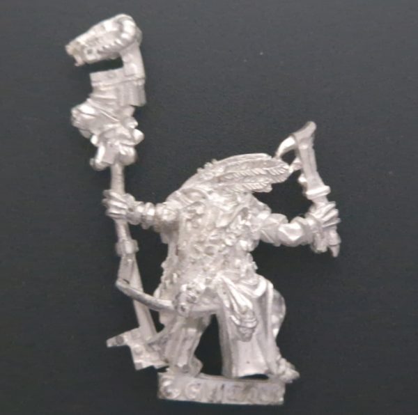 A photo of a 6th edition Lizardmen Skink Priest Warhammer miniature