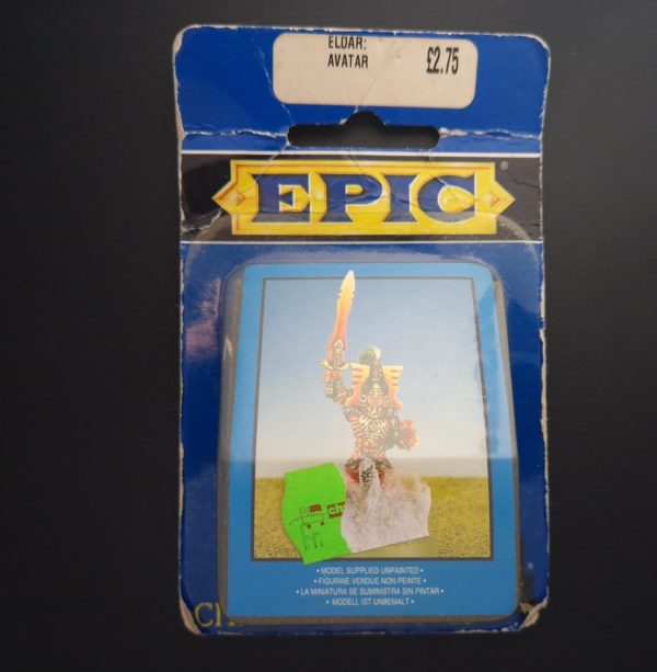 A photo of a Epic Eldar Avatar Warhammer miniature blister