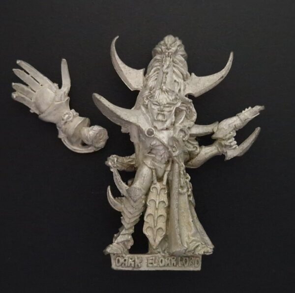 A photo of a 3rd edition Dark Eldar Lord Archon Warhammer miniature