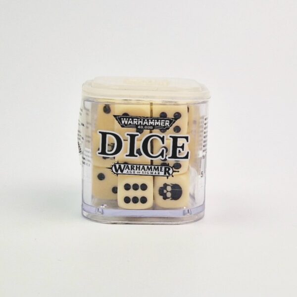 A photo of a case with Warhammer Games Workshop Dice White