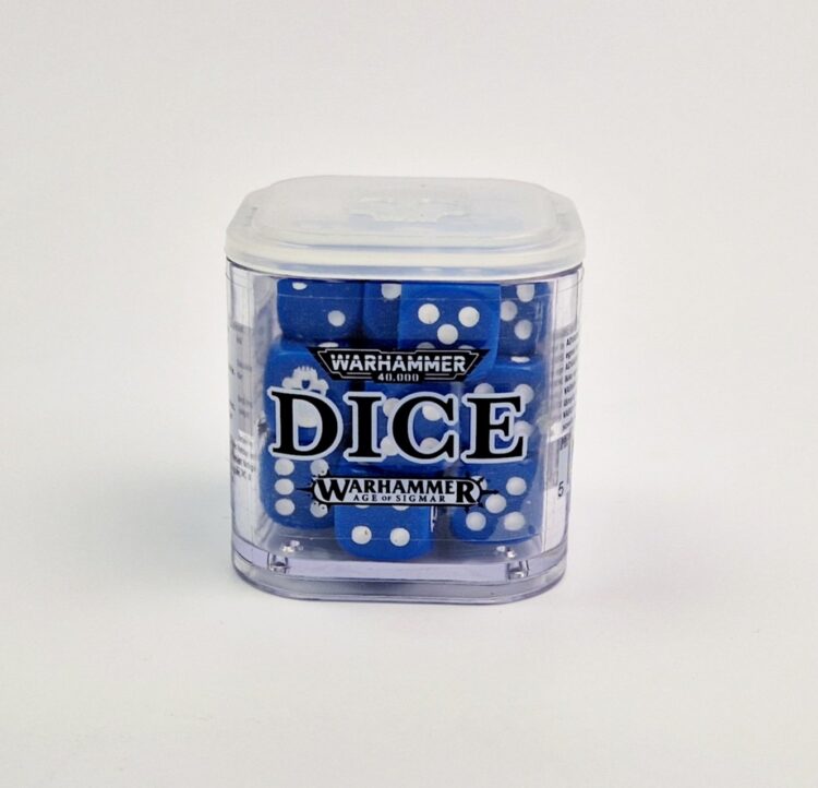 A photo of a case with Warhammer Games Workshop Dice Blue