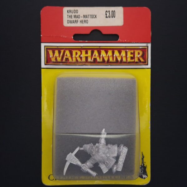 A photo of a 5th edition Marauder Miniatures Dwarf Hero Krudd The Mad Mattock Warhammer miniature Blister