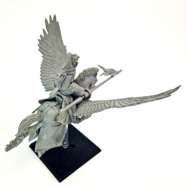 A photo of a 6th edition Bretonnian Pegasus Knight of warhammer miniature
