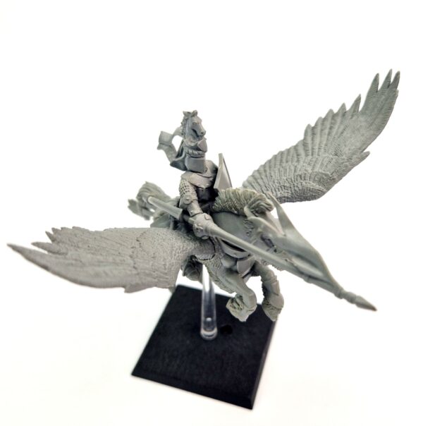 A photo of a 6th edition Bretonnian Pegasus Knight of warhammer miniature