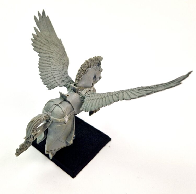 A photo of a 6th edition Bretonnian Pegasus Knight warhammer miniature