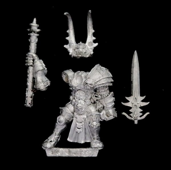 A photo of a 5th edition Chaos Sorcerer Warhammer miniature