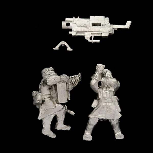 A photo of a 3rd edition Imperial Guard Steel Legion Heavy Bolter Warhammer miniature