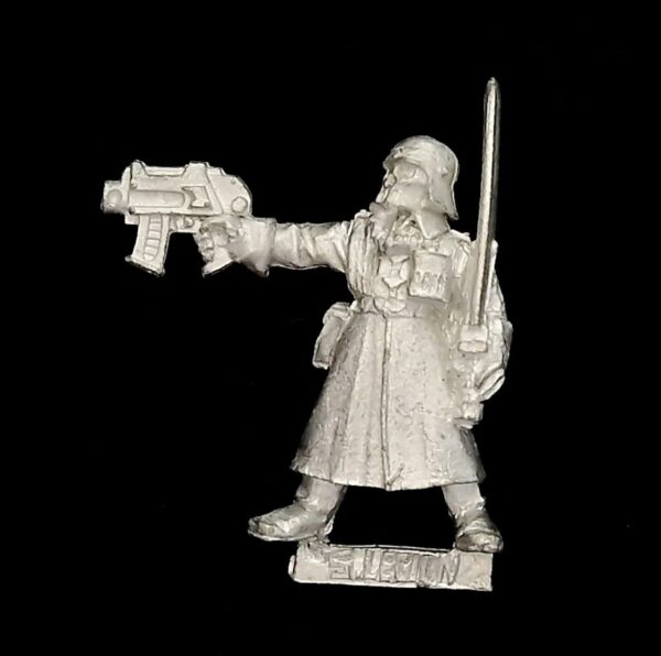 A photo of a 3rd edition Imperial Guard Steel Legion Lieutenant Warhammer miniature