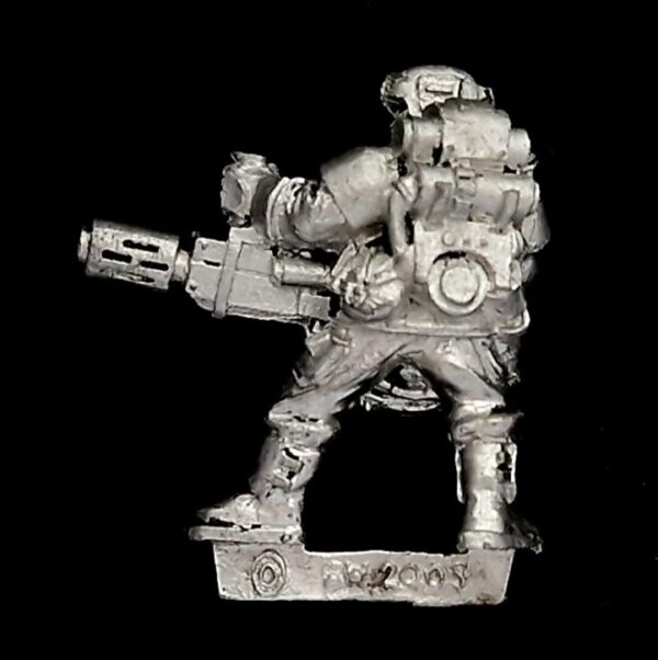 A photo of a 3rd edition Imperial Guard Cadian Command Melta Gun Warhammer miniature