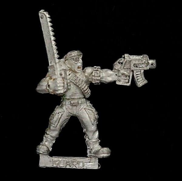A photo of a 2nd edition Imperial Guard Catachan Jungle Fighters Sergeant Warhammer miniature