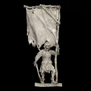 A photo of a Mordor Orc Standard Bearer Warhammer miniature