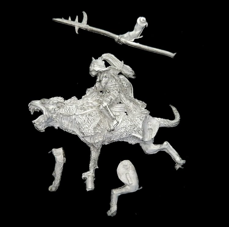 A photo of a Isengard Warg Rider Warhammer miniature