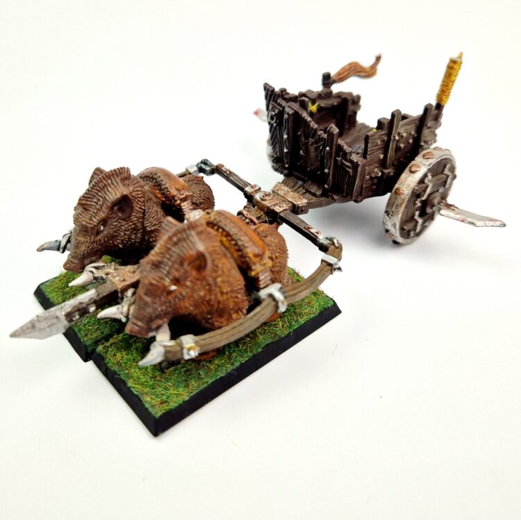 A photo of Orcs and Goblins Orc Boar Chariot Warhammer miniatures