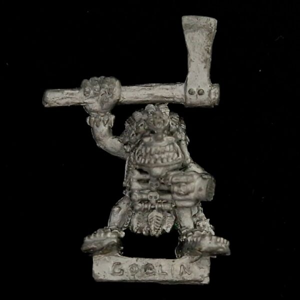 A photo of a Orcs and Goblins Forest Goblin Champion Warhammer miniature