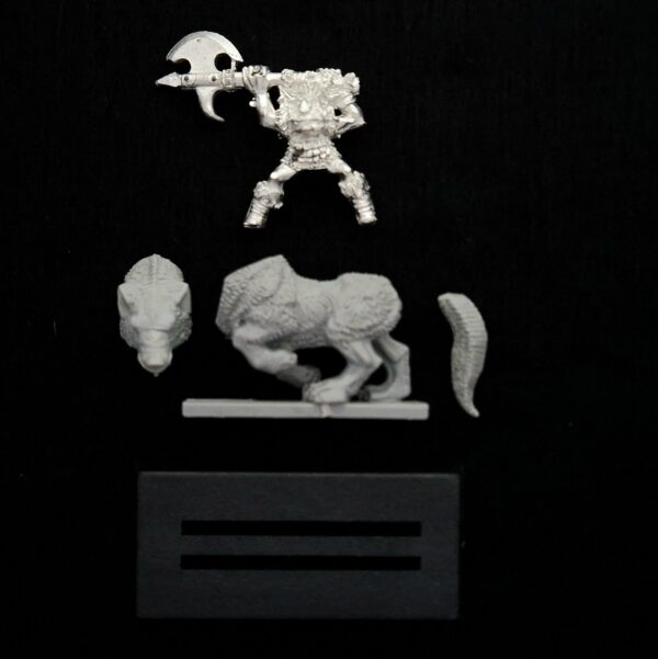 A photo of a Orcs and Goblins Wolf Riders Boss Warhammer miniature
