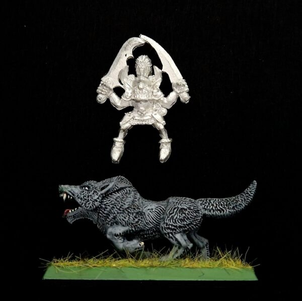 A photo of a Orcs and Goblins Wolf Riders Big Boss Warhammer miniature