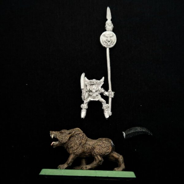 A photo of a Orcs and Goblins Wolf Riders Standard Bearer Warhammer miniature
