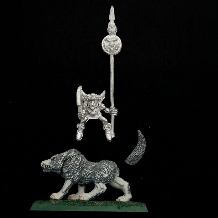 A photo of a Orcs and Goblins Wolf Riders Standard Bearer Warhammer miniature