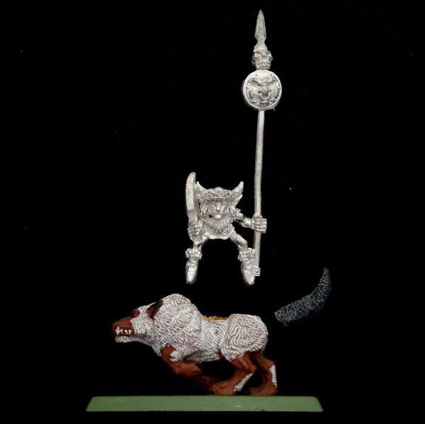 A photo of a Orcs and Goblins Wolf Riders Standard Bearer Warhammer miniature