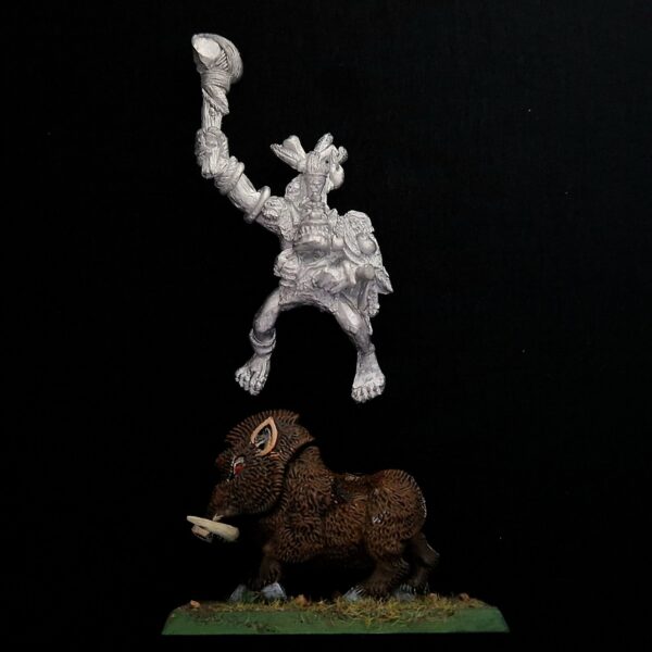 A photo of a Orcs and Goblins Savage Boar Boyz Champion Warhammer miniature