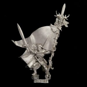 A photo of a Wood Elves Battle Standard Bearer Warhammer miniature