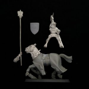 A photo of a Bretonnia Questing Knight Standard Bearer Warhammer miniature