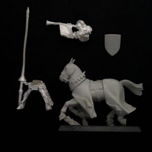 A photo of a Bretonnia Errant Knight Musician Warhammer miniature