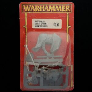 A photo of a Bretonnia Errant Knight Standard Bearer Warhammer miniature