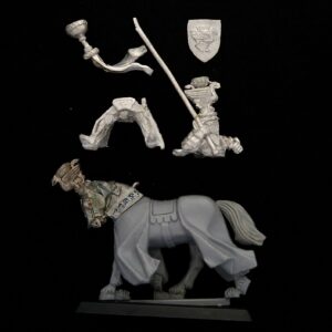 A photo of a Bretonnia Grail Knight Standard Bearer Warhammer miniature