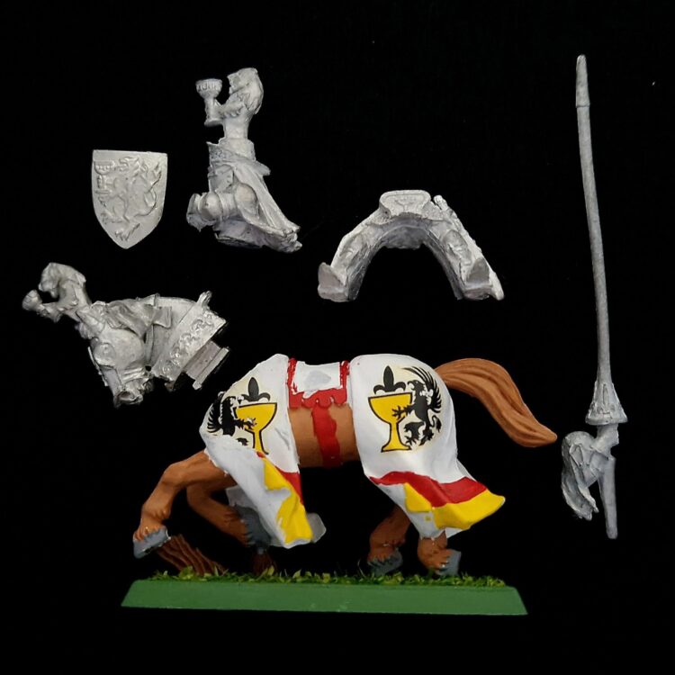 A photo of a Bretonnia Grail Knight Warhammer miniature