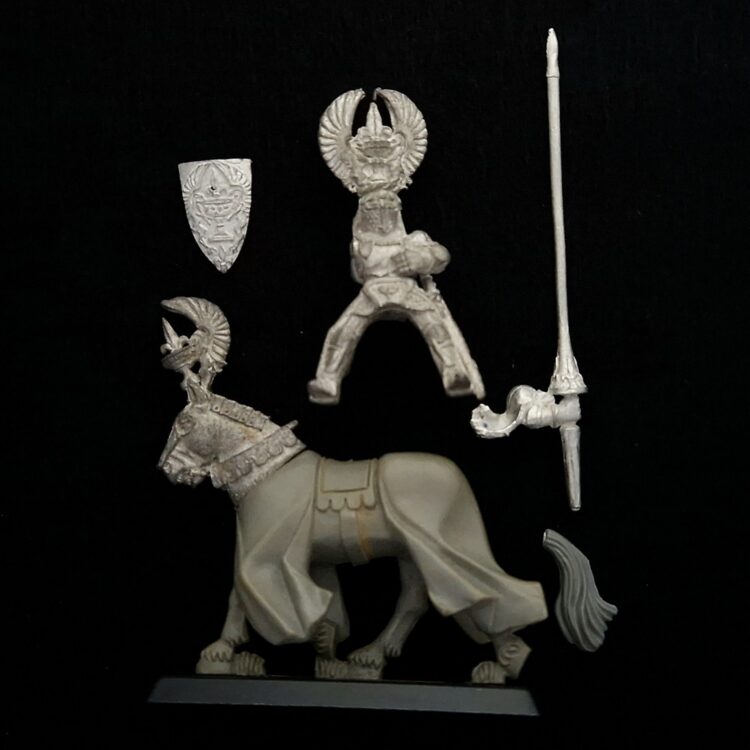 A photo of a Bretonnia Grail Knight Warhammer miniature