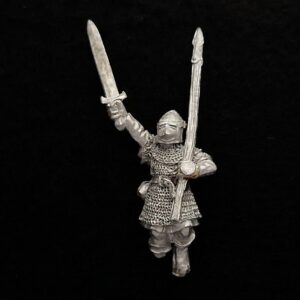 A photo of a Bretonnia Men at Arms Champion with Spear Warhammer miniature