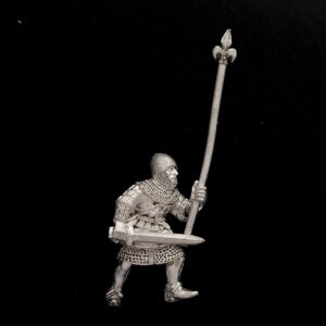 A photo of a Bretonnia Men at Arms Halbediers Standard Bearer Warhammer miniature