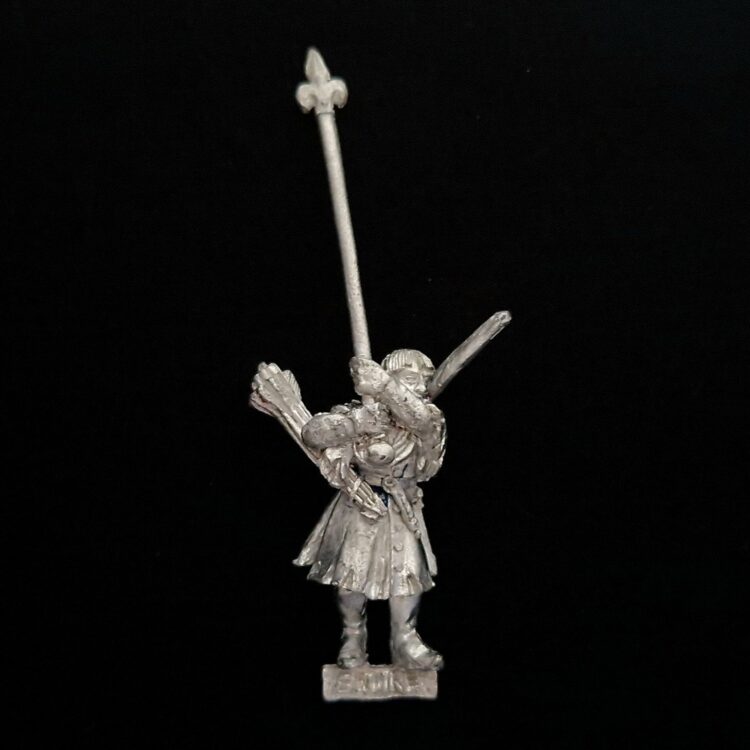A photo of a Bretonnia Squires with Bows Standard Bearer Warhammer miniature