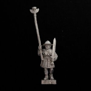 A photo of a Bretonnia Men at Arms Standard Bearer Warhammer miniature