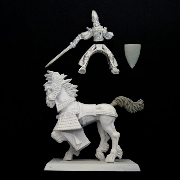 A photo of a High Elves Mounted Hero Fendar Warhammer miniature