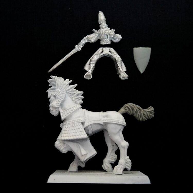 A photo of a High Elves Mounted Hero Fendar Warhammer miniature