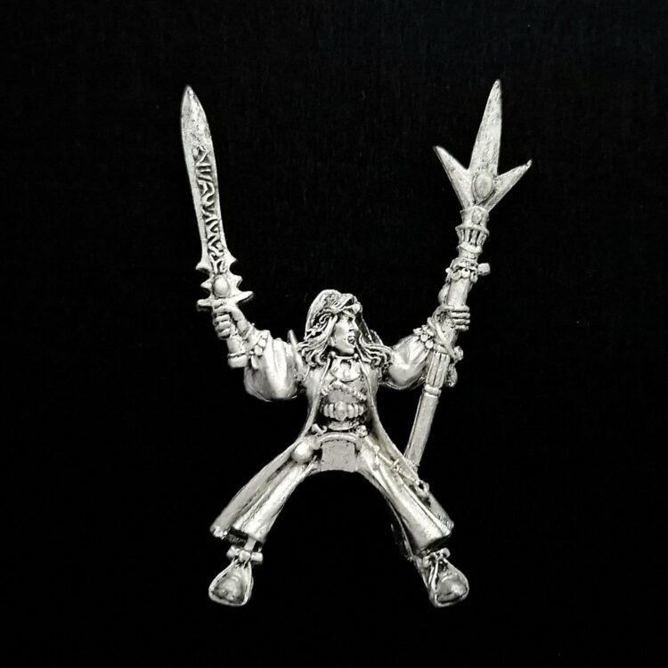 A photo of a High Elves Mounted Mage Warhammer miniature