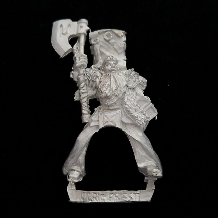 A photo of a The Empire Warrior Priest Ulric Mounted Warhammer miniature