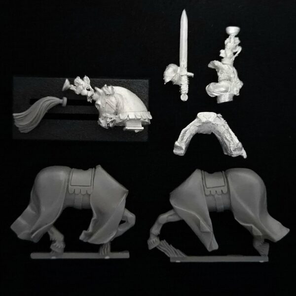 A photo of a Bretonnian Grail Knight Hero With Two Handed Sword Warhammer miniature