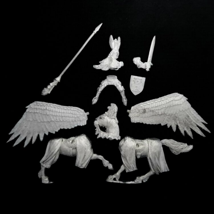 A photo of a Bretonnia Hero on Pegasus Warhammer miniature