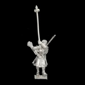 A photo of a Bretonnia Squires with Bows Standard Bearer Warhammer miniature