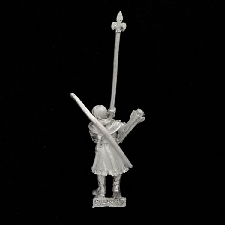 A photo of a Bretonnia Squires with Bows Standard Bearer Warhammer miniature