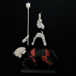 A photo of a Bretonnia Questing Knight Standard Bearer Warhammer miniature