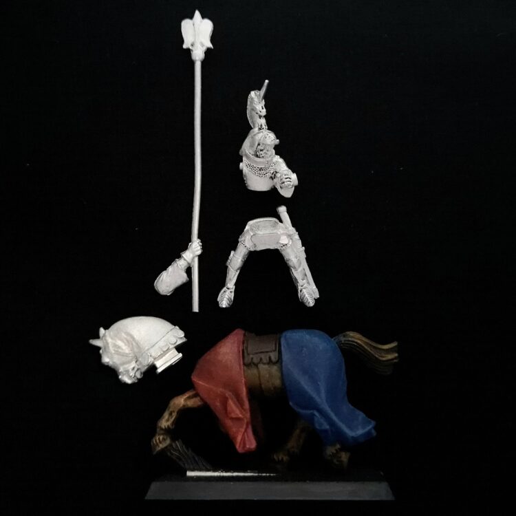 A photo of a Bretonnia Questing Knight Standard Bearer Warhammer miniature