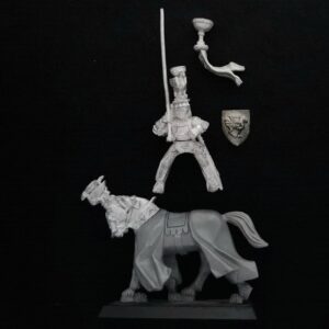 A photo of a Bretonnia Grail Knight Standard Bearer Warhammer miniature