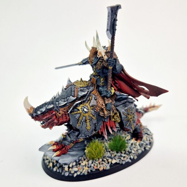 A photo of a Chaos Slaves to Darkness Lord on Karkadrak Warhammer miniature
