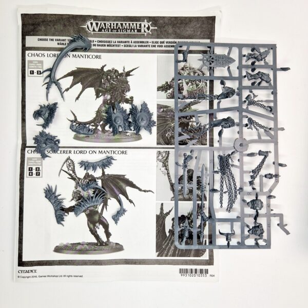 A photo of a Chaos Slaves to Darkness Sorcerer Lord on Manticore Warhammer miniature