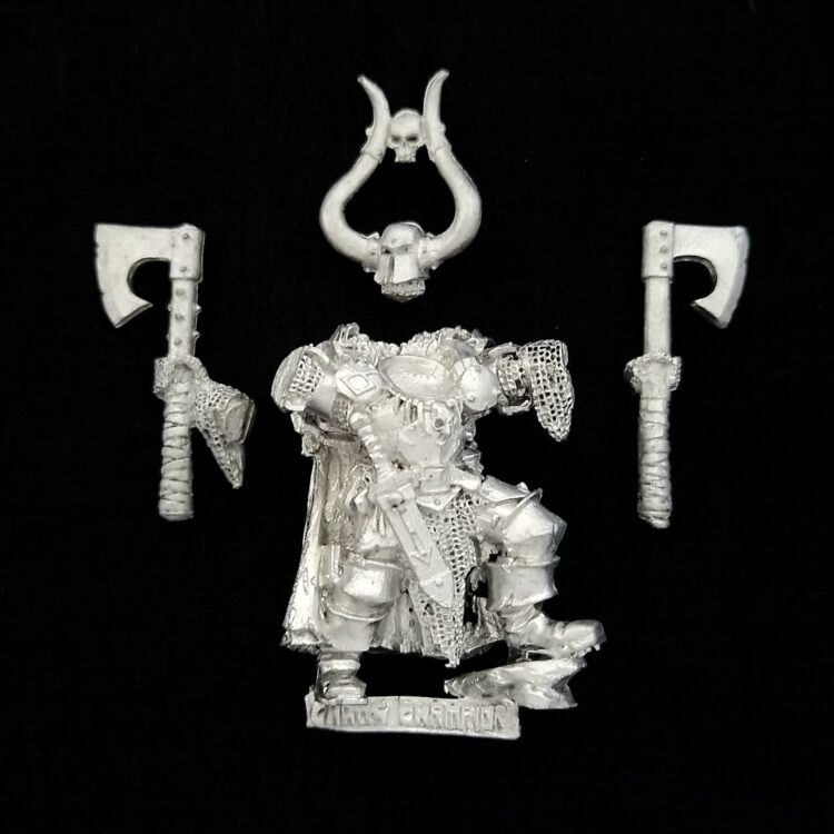 A photo of a Chaos Warriors Undivided Champion Warhammer miniature